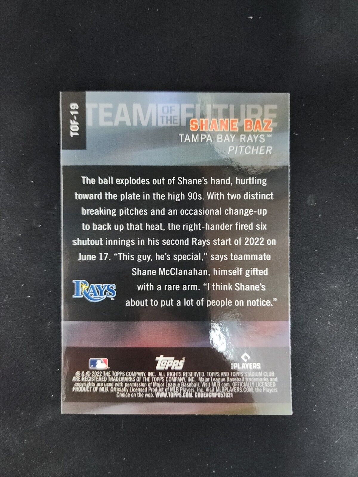 2022 Topps Stadium Club Chrome Shane Baz Rookie Team of the Future Refractor