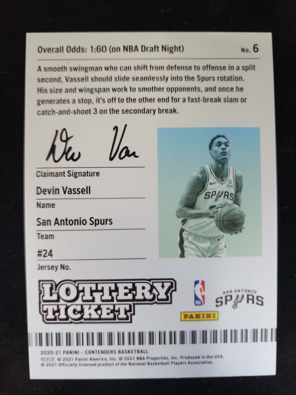 2020-21 Panini Contenders Devin Vassell Lottery Ticket #6