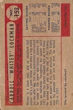 1954 Bowman #153A Whitey Lockman 100 Assists - NM