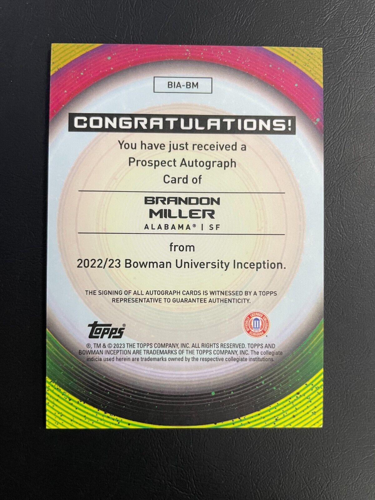 2023 Bowman University Inception Brandon Miller Base Initiation Auto Alabama
