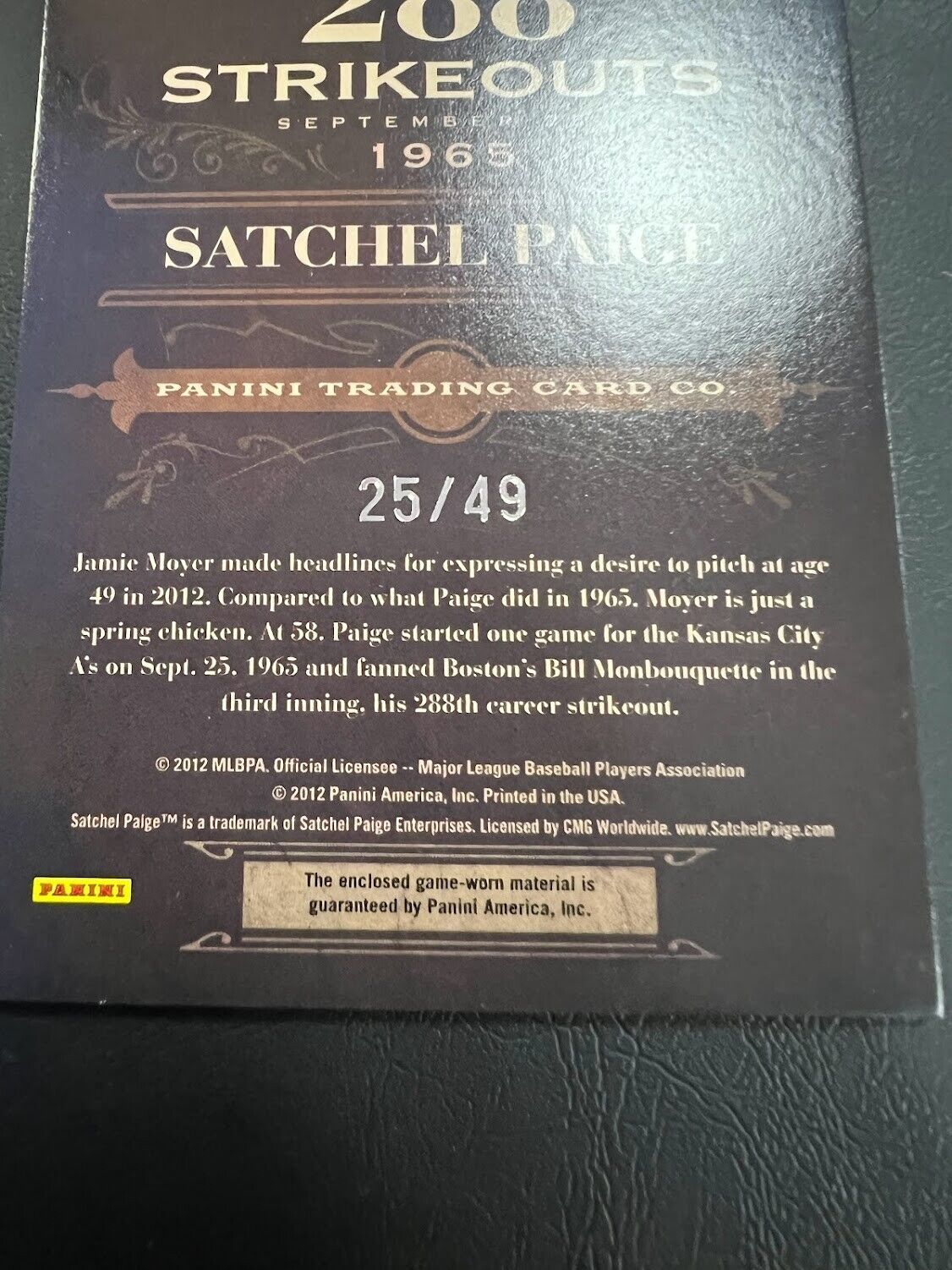 SATCHEL PAIGE GAME USED PATCH 2011 PLAYOFF PRIME CUTS GAME WORN JERSEY #D/49 J