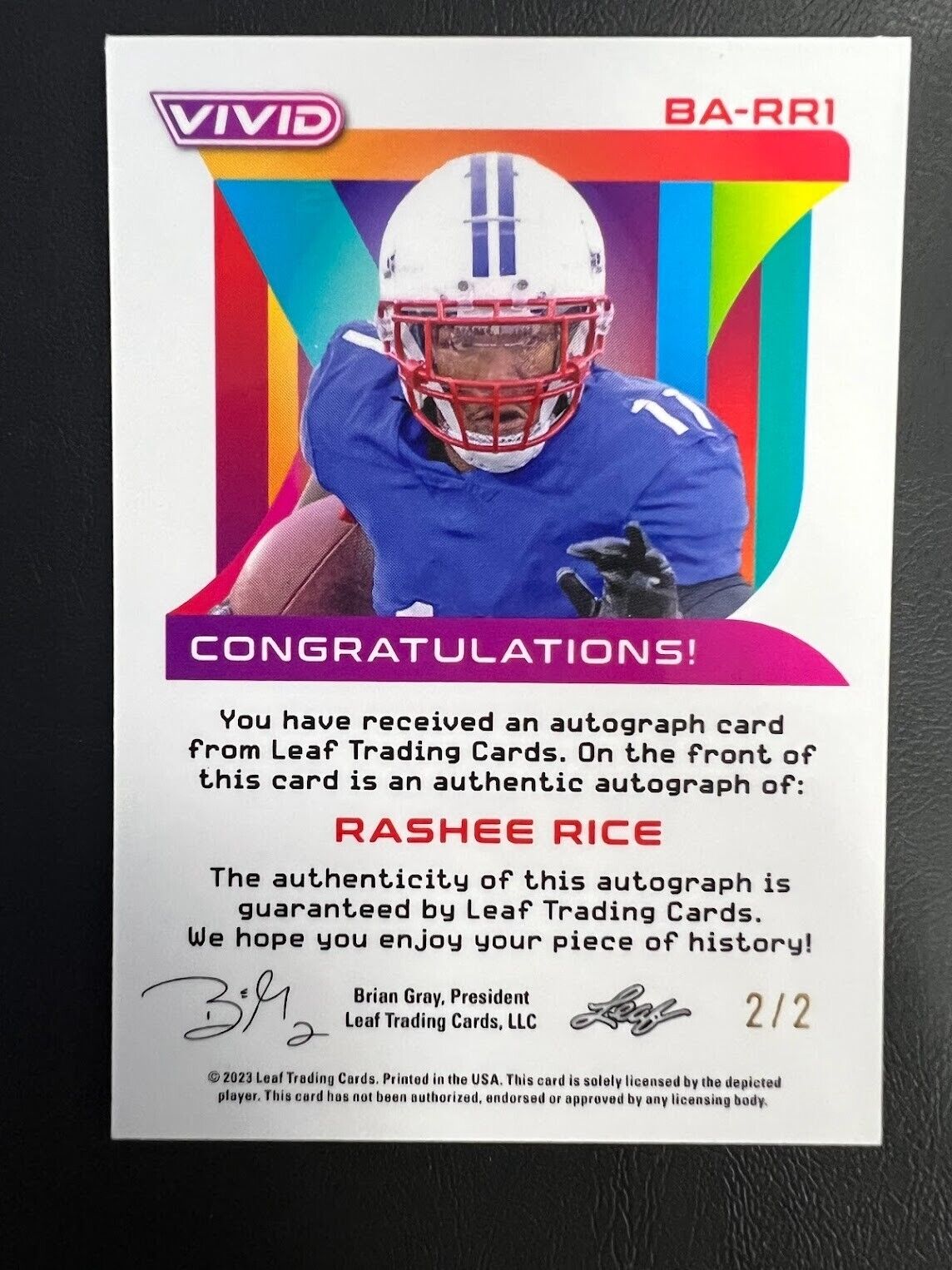2023 Leaf Vivid Rashee Rice Purple Auto #d 2/2 RC Kansas City Chiefs BA-RR1 J