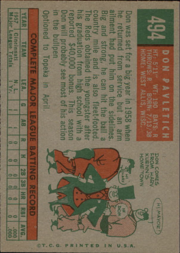1959 Topps #494 Don Pavletich RC - NM