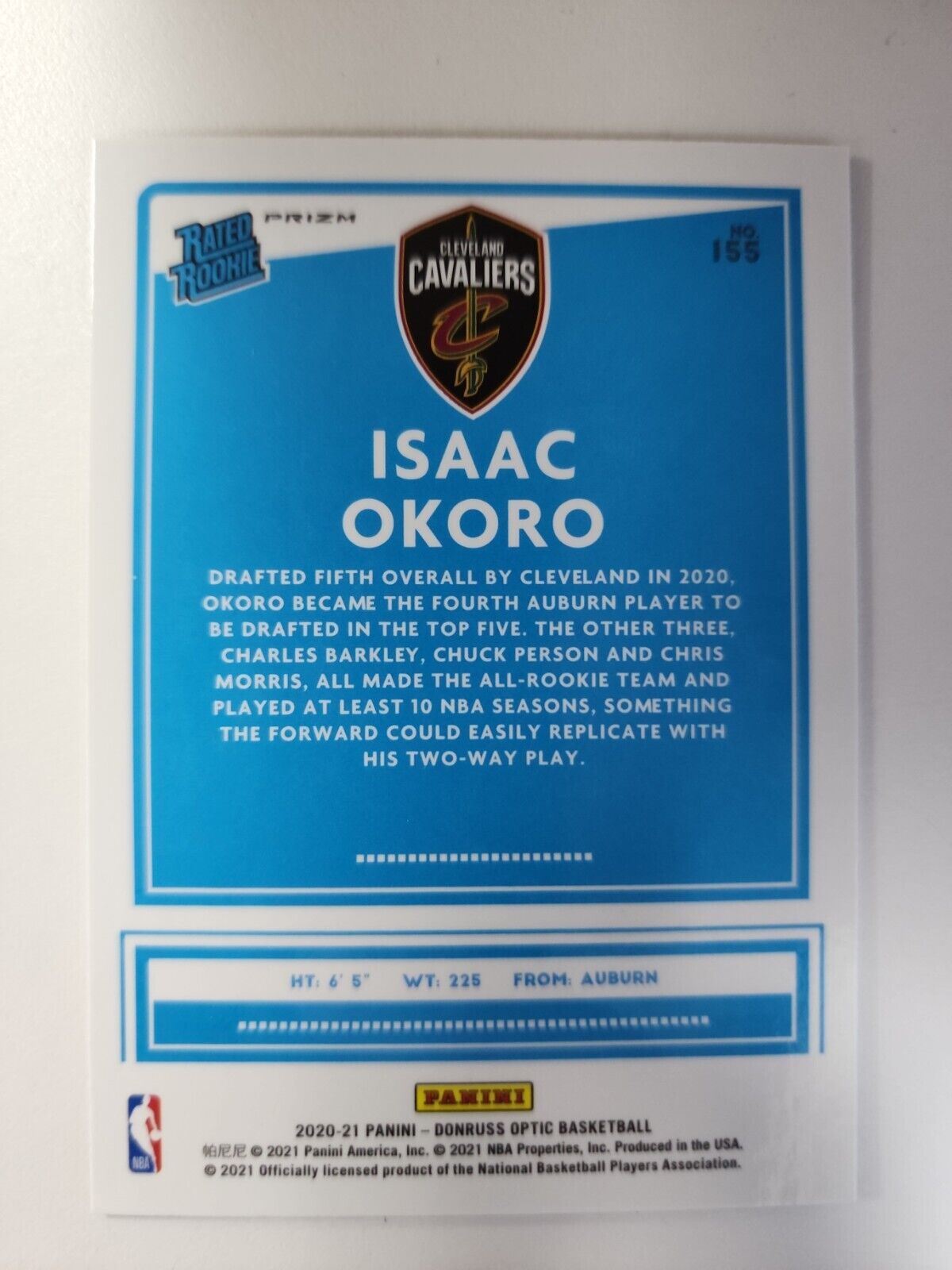 2020-21 Donruss Optic Isaac Okoro # 155 Rated Rookie Card RC Purple Pulsar Prizm