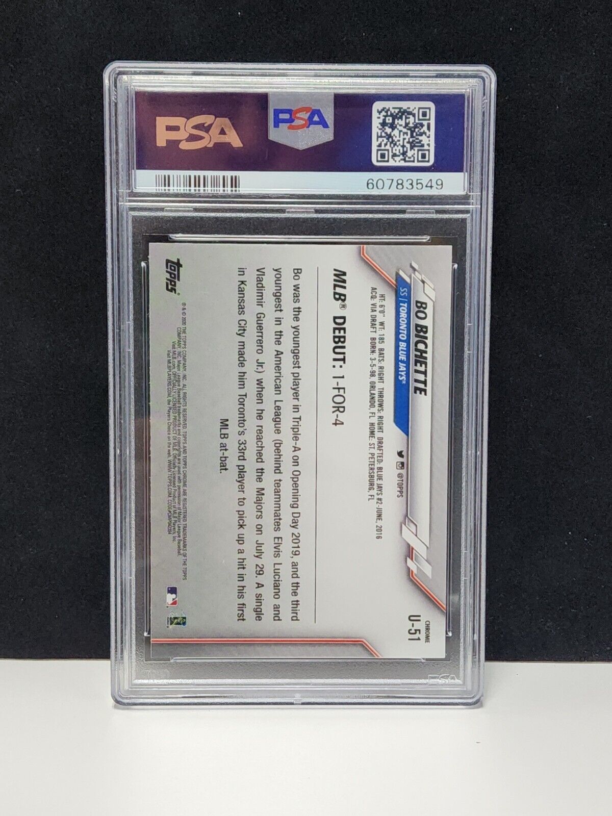 62202077 BO BICHETTE 2020 Topps Chrome Update U51 RC Rookie Debut PSA 10 GEM