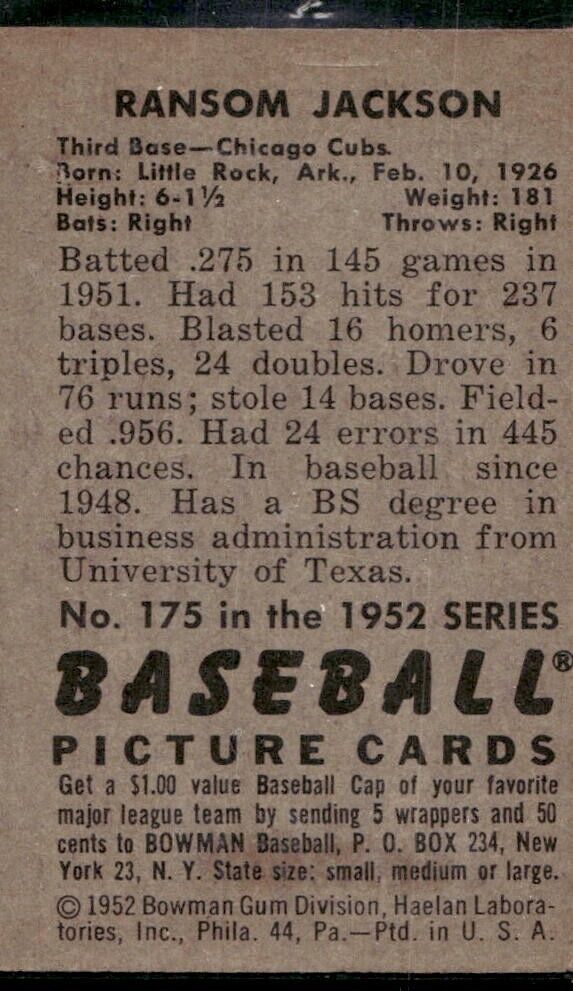 1952 Bowman #175 Randy Jackson RC - VG