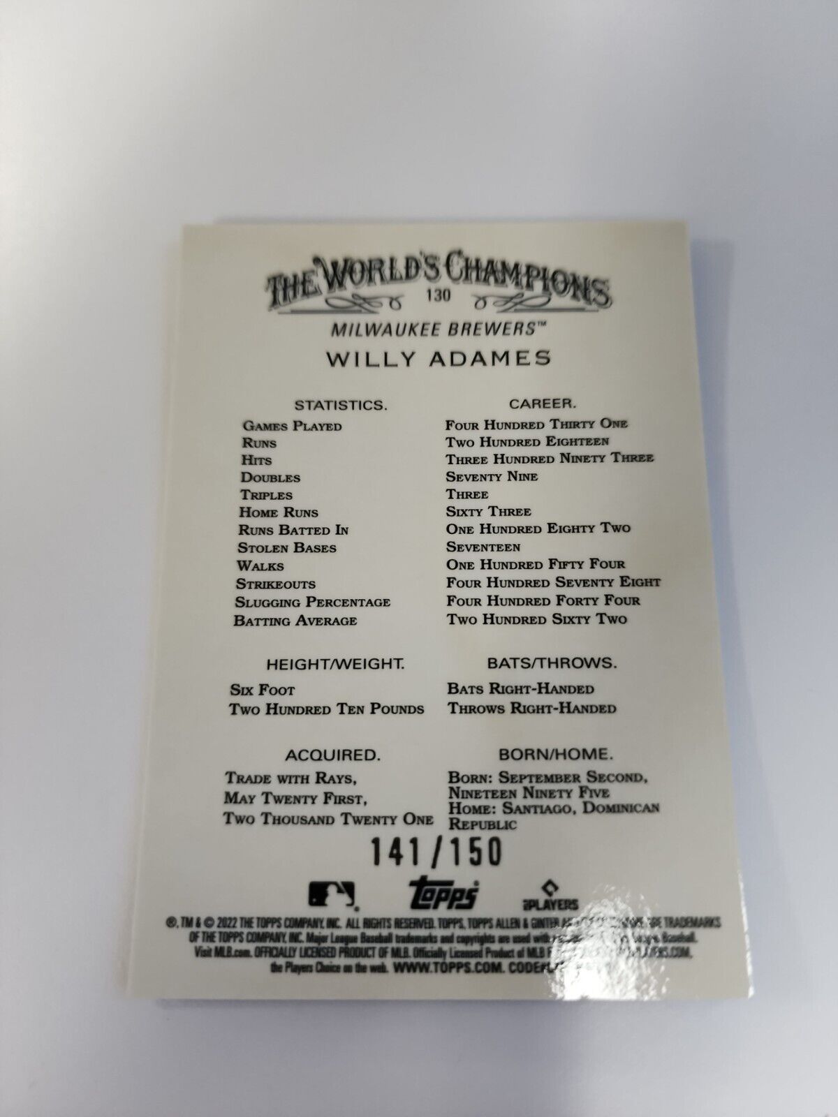 Willy Adames 2022 Allen & Ginter Chrome #130 Refractor Blue /150