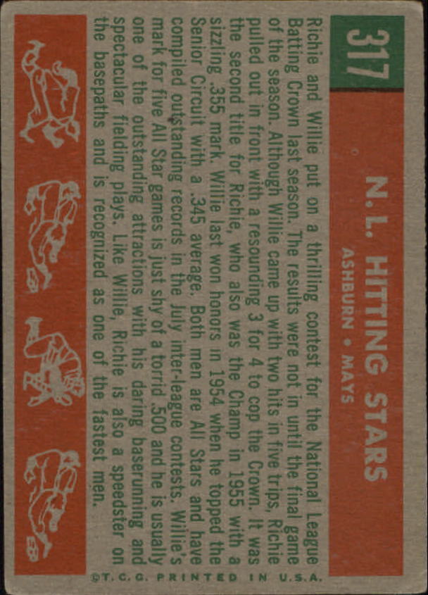 1959 Topps #317 NL Hitting Kings Willie Mays Richie Ashburn - NM
