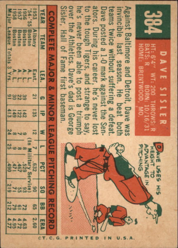 1959 Topps #384 Dave Sisler - NM
