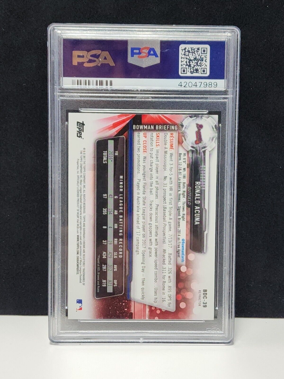 2017 Bowman Chrome Draft Reractor Ronald Acuna JR. PSA 9