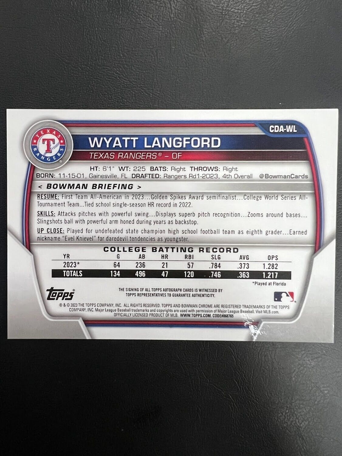 2023 Bowman Draft Chrome WYATT LANGFORD 1st Prospect AUTO Autograph CDA-WL NM