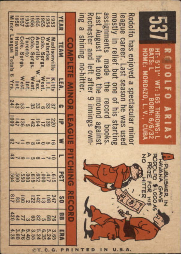 1959 Topps #537 Rudolph Arias RC - Vg+