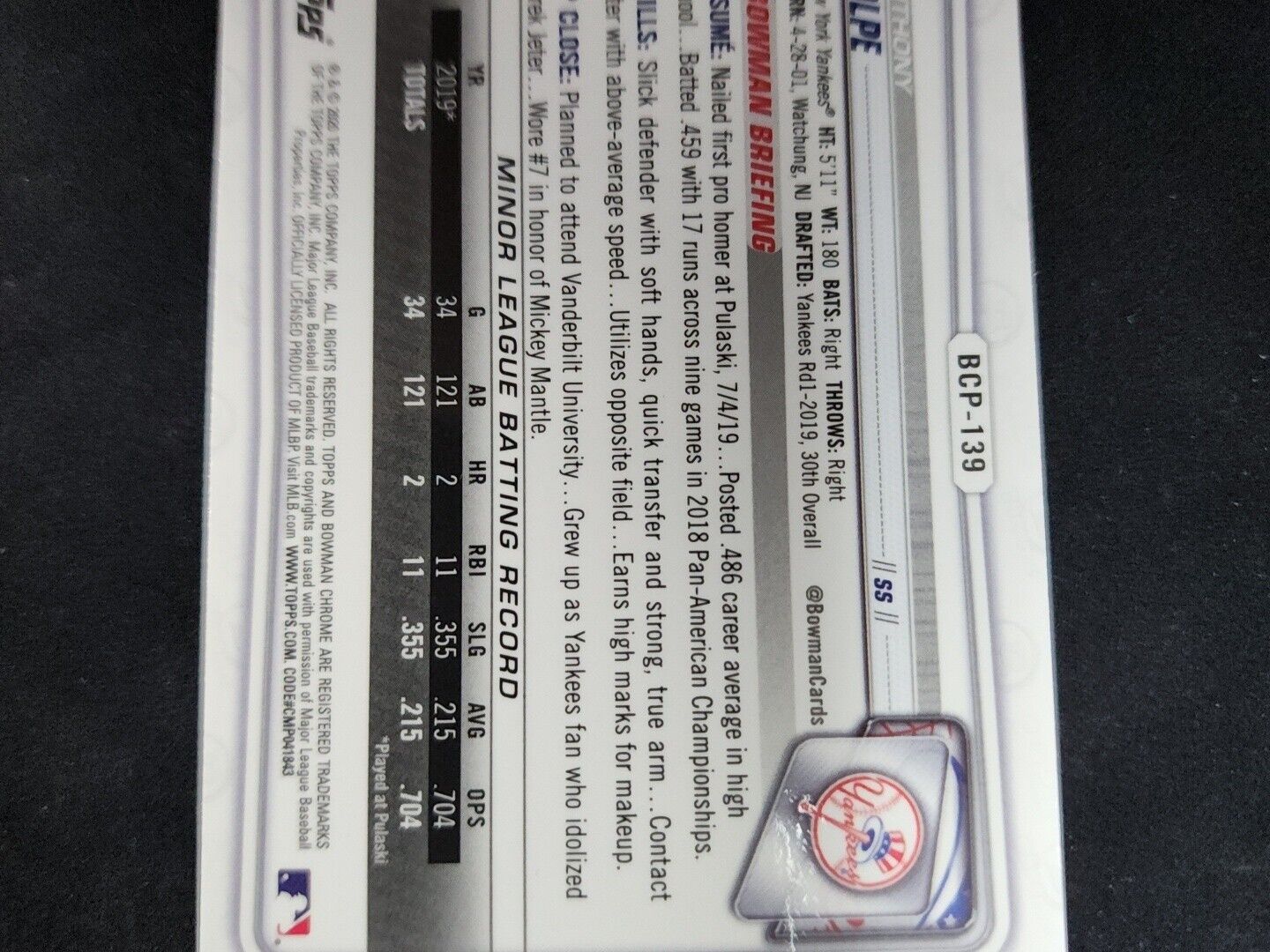 ANTHONY VOLPE 2020 Bowman Chrome Sapphire 1st Prospect Rookie RC Yankees BCP-139