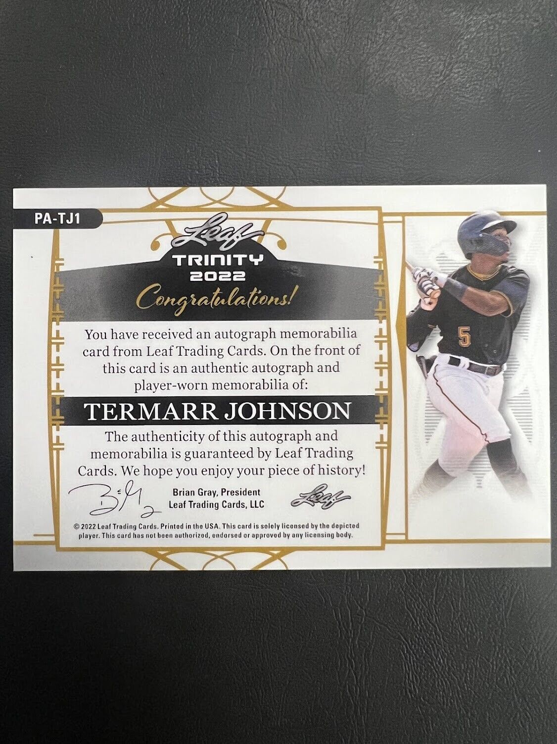 2022 Leaf Trinity Termarr Johnson Patch auto 34/99 Pirates 3 Color Patch J