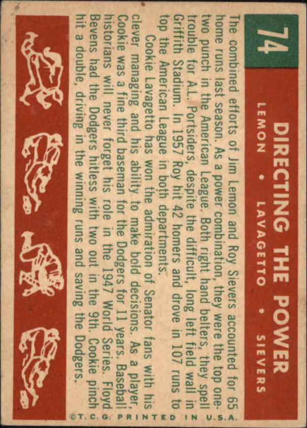 1959 Topps #74 Directing the Power Jim Lemon Cookie Lavagetto MG Roy - Vg+