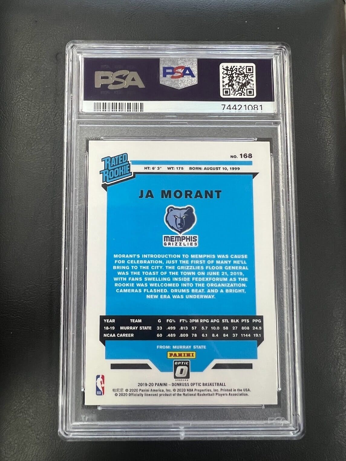 2019-20 Panini Donruss Optic Ja Morant #168 PSA 10 GEM MT Rookie RC J