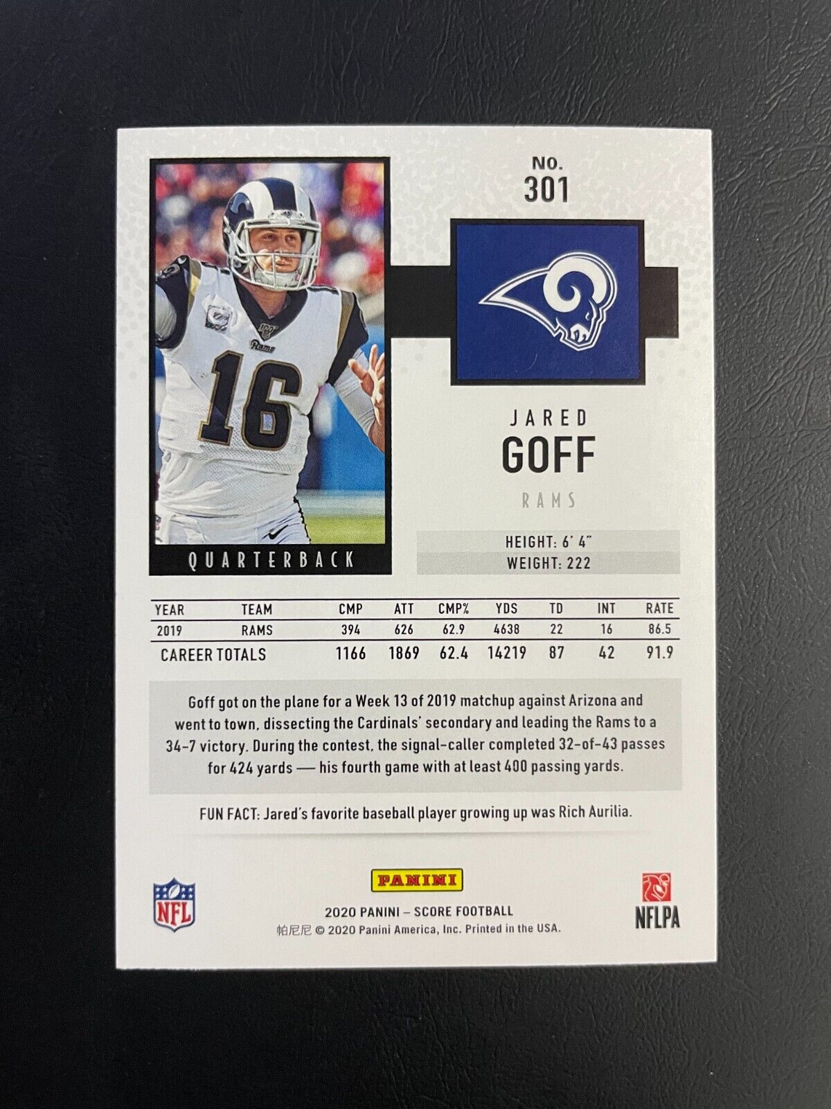 2020 Panini Score Football Jared Goff #301 Gold Parallel LA Rams
