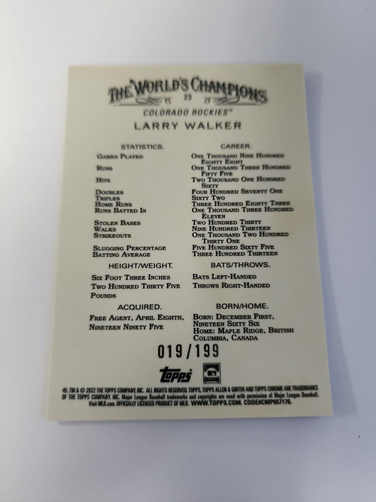 2022 Topps Allen & Ginter Chrome Magenta Parallel /199 Larry Walker