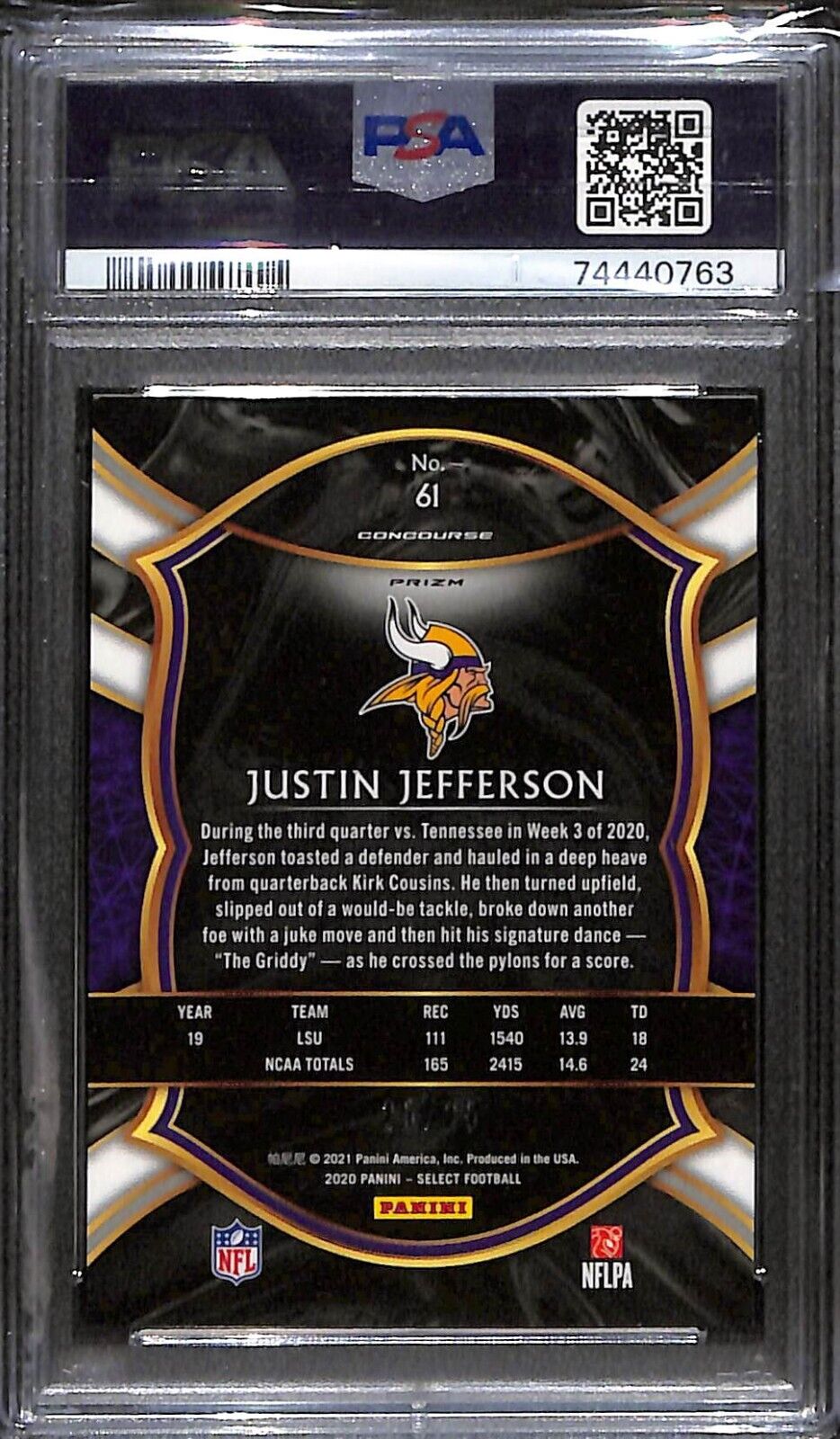 JUSTIN JEFFERSON ~ 2020 Panini Select Blue Disco Prizm RC #61 ~ #'D/25 PSA 9