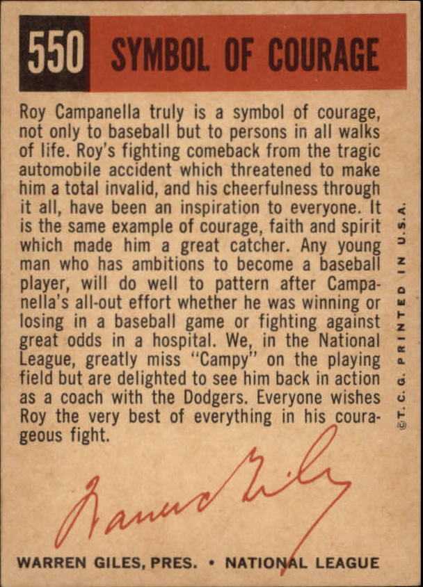 1959 Topps #550 Roy Campanella Symbol of Courage - NM