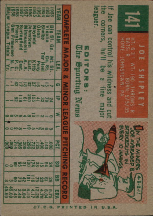 1959 Topps #141 Joe Shipley RS RC - VgEx+