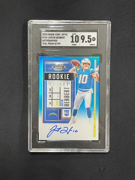 2020 Panini Cont. Optic Justin Herbert RC Auto Teal Prizm /99 SGC Gem MT 9.5