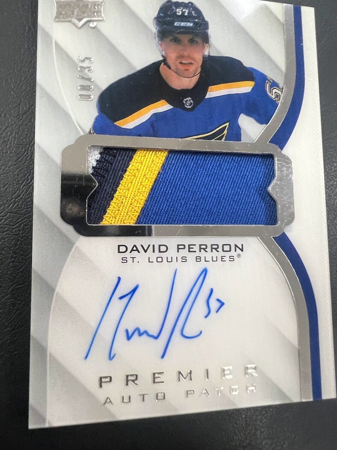 2020-21 Upper Deck Premier Acetate /35 David Perron #AV-DP 4 Color Patch Auto