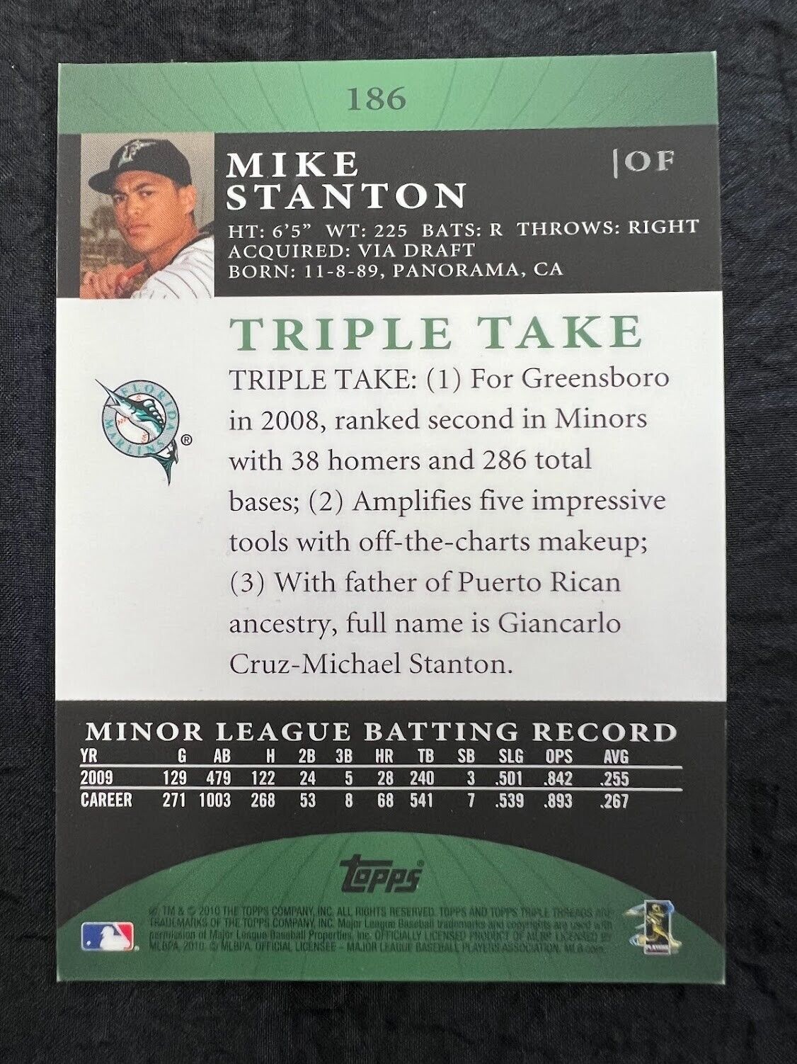 2010 TOPPS TRIPLE THREADS GIANCARLO MIKE STANTON ROOKIE PATCH AUTO /50 #186