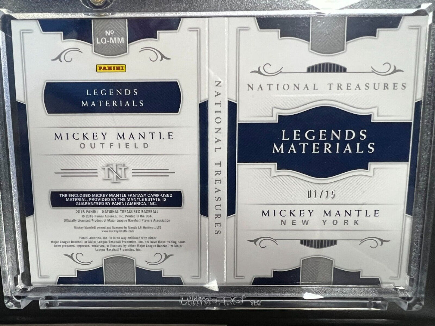 2018 National Treasures Mickey Mantle Legends Materials Booklet Quad Relic /15 J