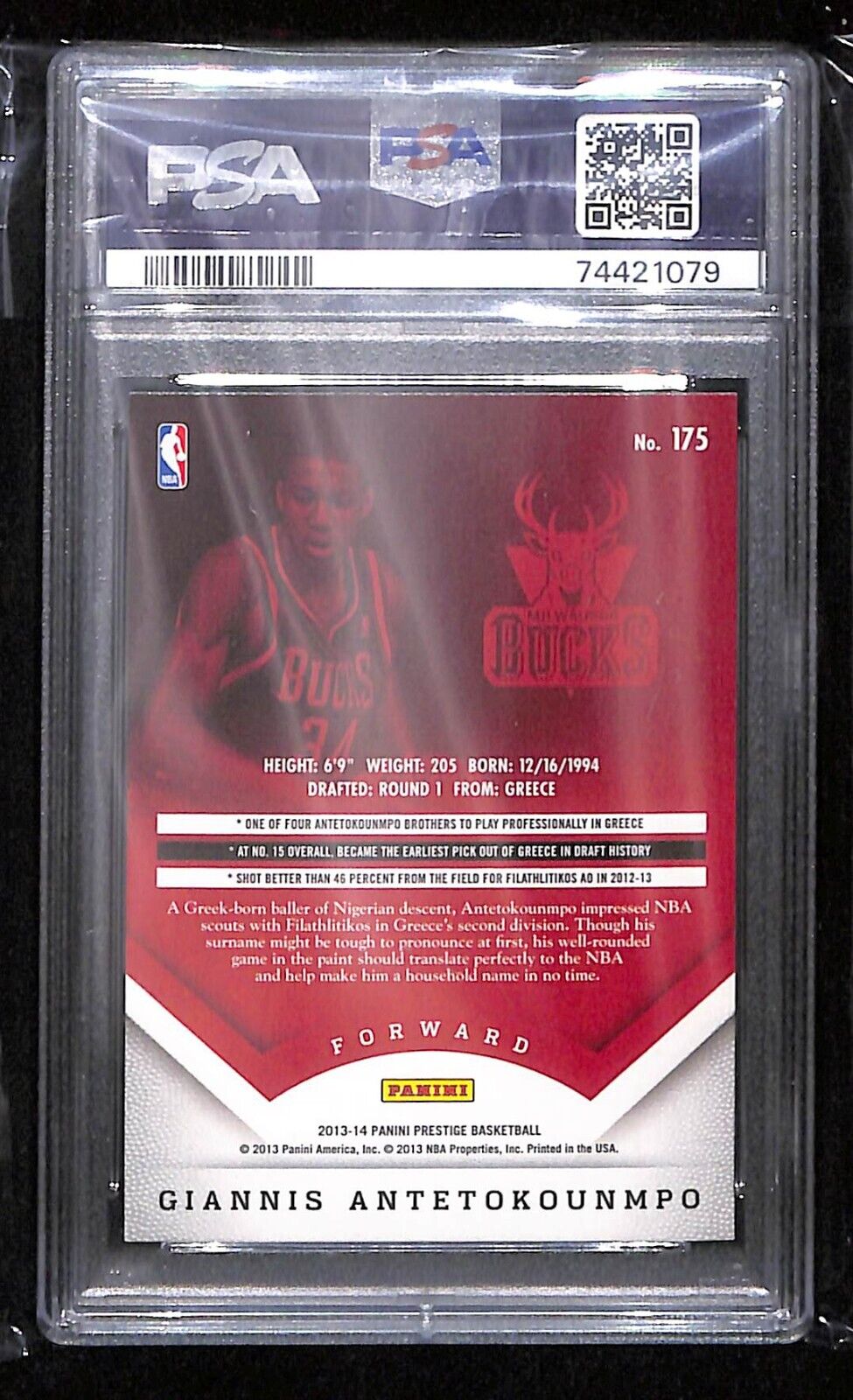 GIANNIS ANTETOKOUNMPO 2013/14 PANINI PRESTIGE #175 RC ROOKIE BUCKS PSA 8 NM-MT