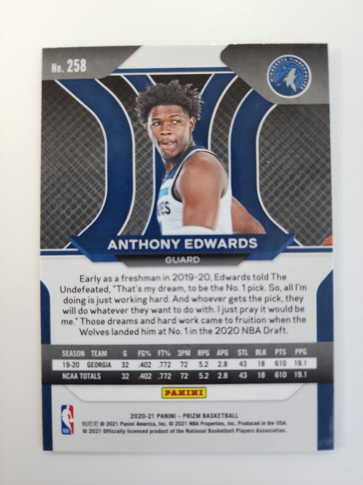 2020-21 Panini Prizm ANTHONY EDWARDS Minnesota Timberwolves Rookie RC #258