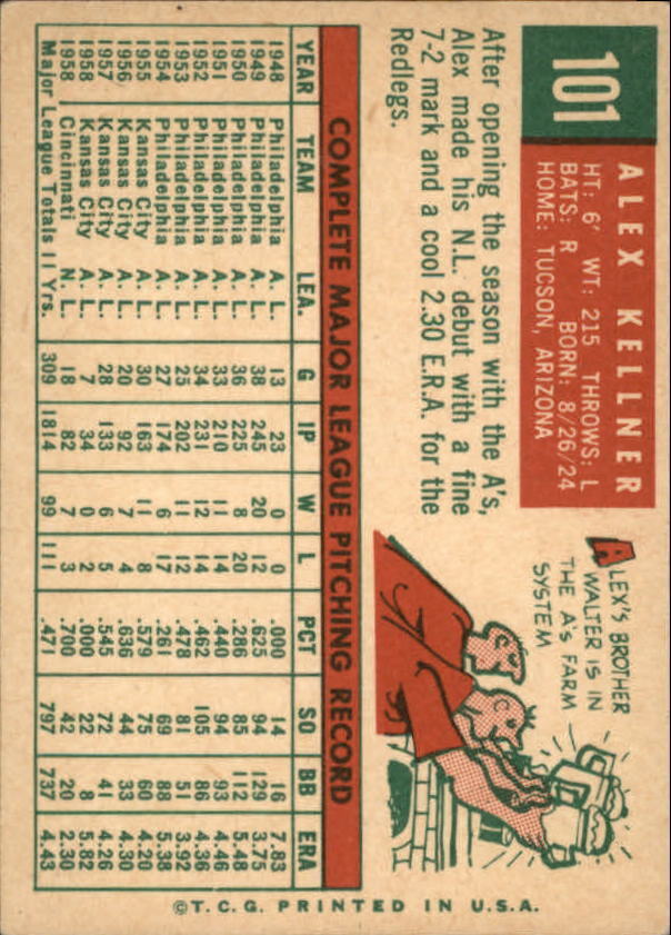 1959 Topps #101 Alex Kellner - Vg+