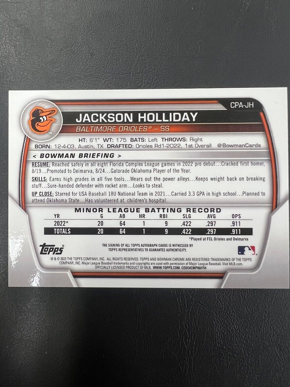 2023 Bowman Chrome BALTIMORE ORIOLES #CPA-JH JACKSON HOLLIDAY -ON CARD AUTO J