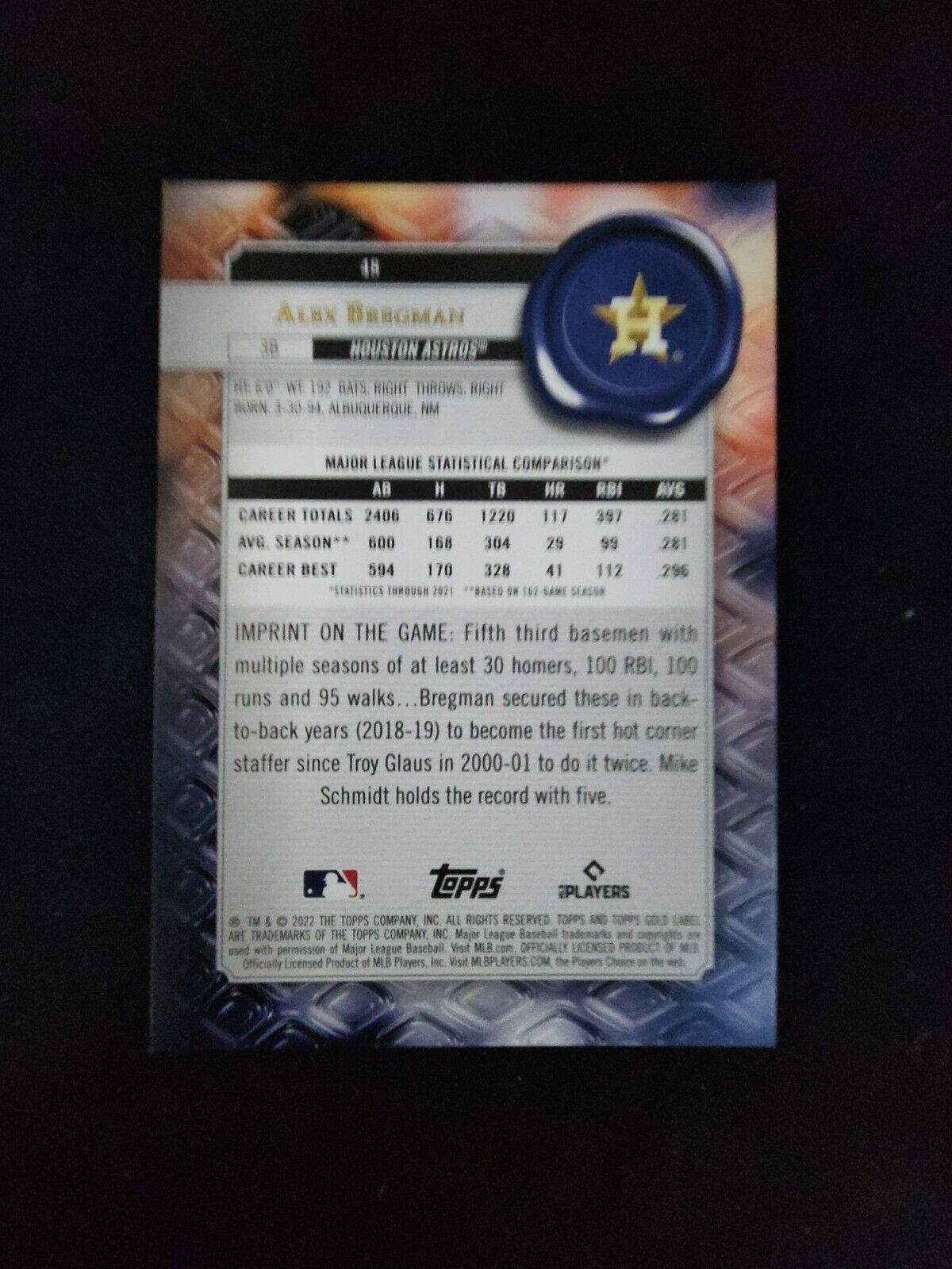 2022 Topps Gold Label Base Class 2 Blue #48 Alex Bregman #1/99 - Houston Astros