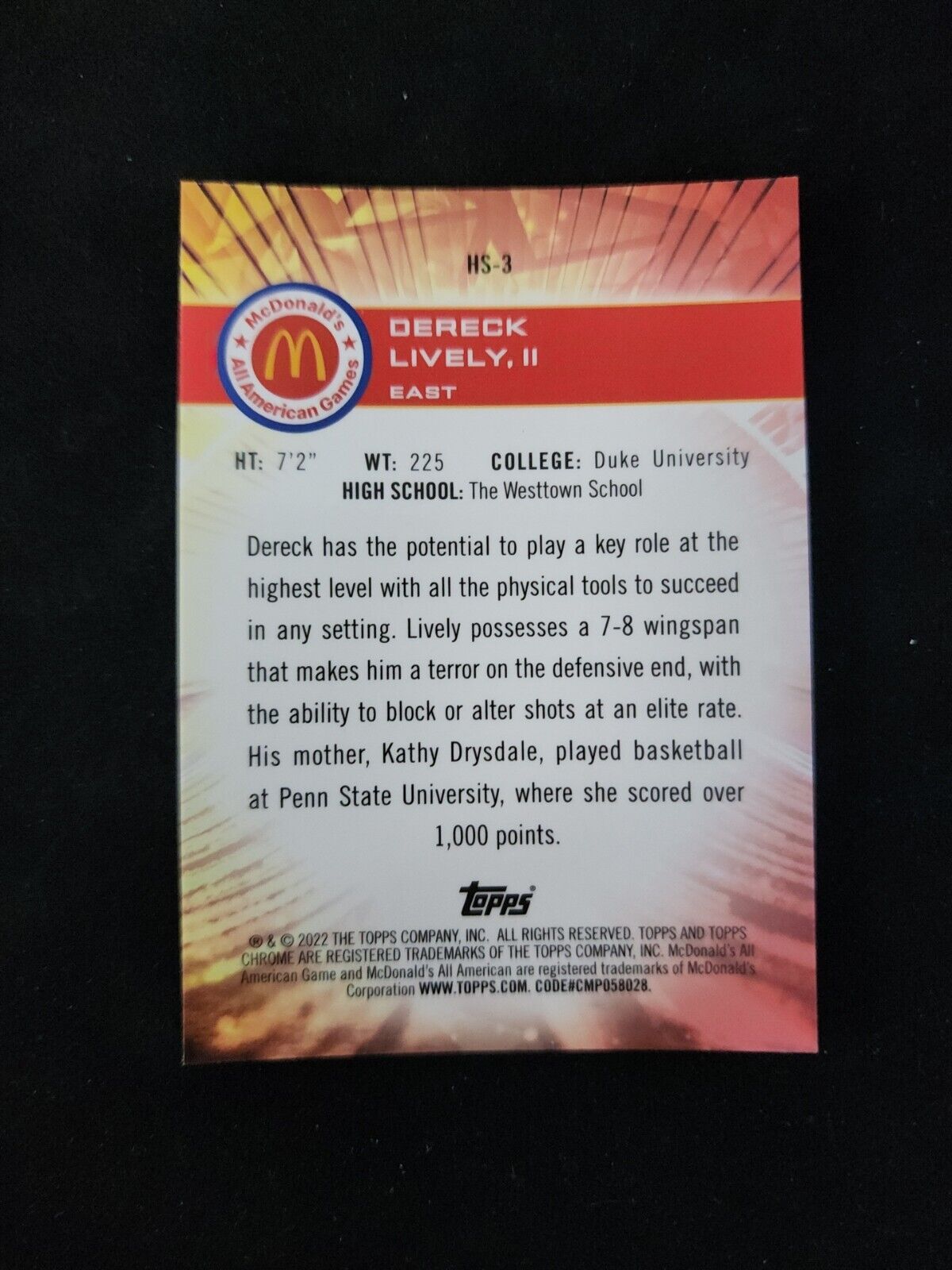 Dereck Lively, II 2022 Topps Chrome Mcdonald’s All American Hoopers #HS-3