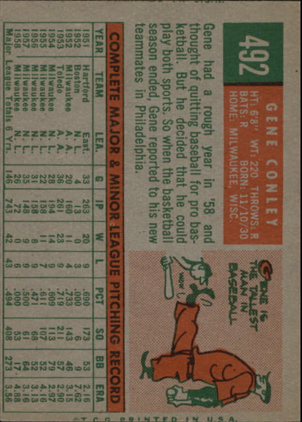 1959 Topps #492 Gene Conley - NM