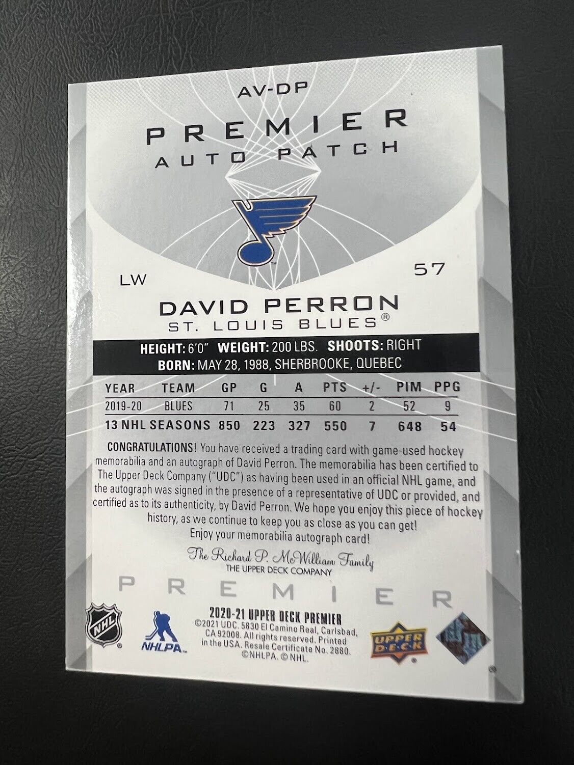 2020-21 Upper Deck Premier Acetate /35 David Perron #AV-DP 4 Color Patch Auto