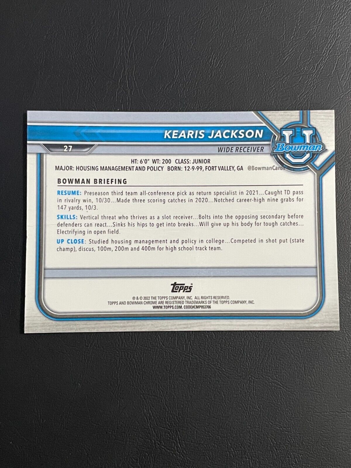 2022 Bowman University Kearis Jackson #27 1st Bowman Gold Refractor /50