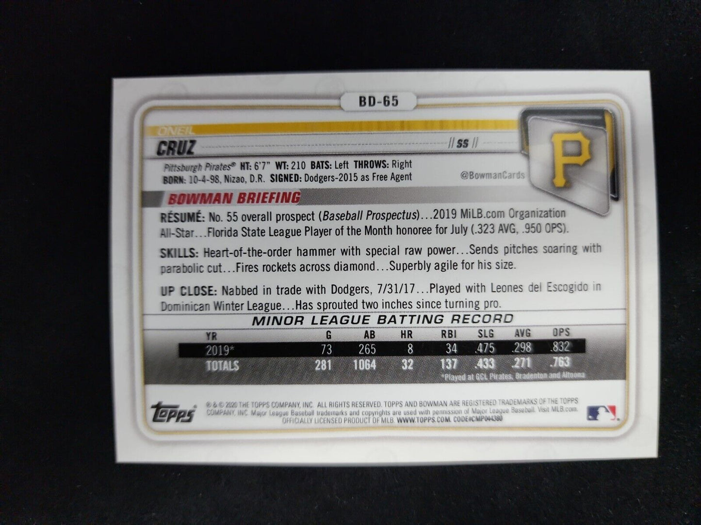 Oneil Cruz 2020 Bowman Draft 1st Edition Rookie Prospect #BD-65
