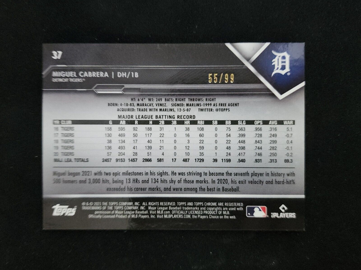 2022 Topps Chrome Black Miguel Cabrera Green Atomic Refractor #/99