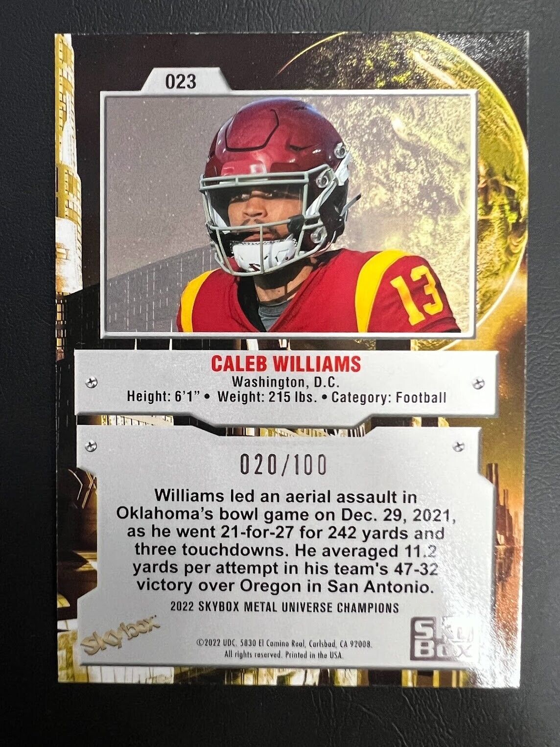 2022 UD Skybox Metal Champion Caleb Williams Precious Metal Gem Red PMG 20/100 J