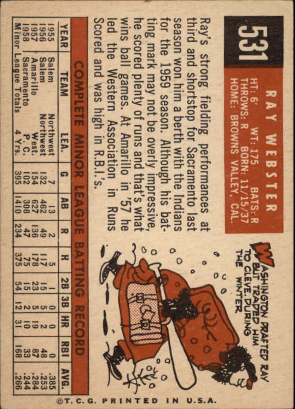 1959 Topps #531 Ray Webster RC - Vg+