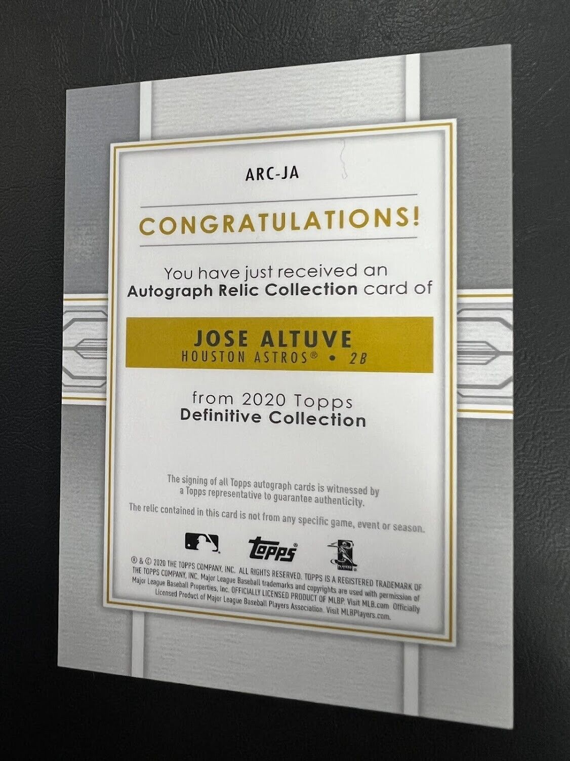 Jose Altuve 2020 Topps Definitive Collection Relic on Card Auto + Patch 7/30 J