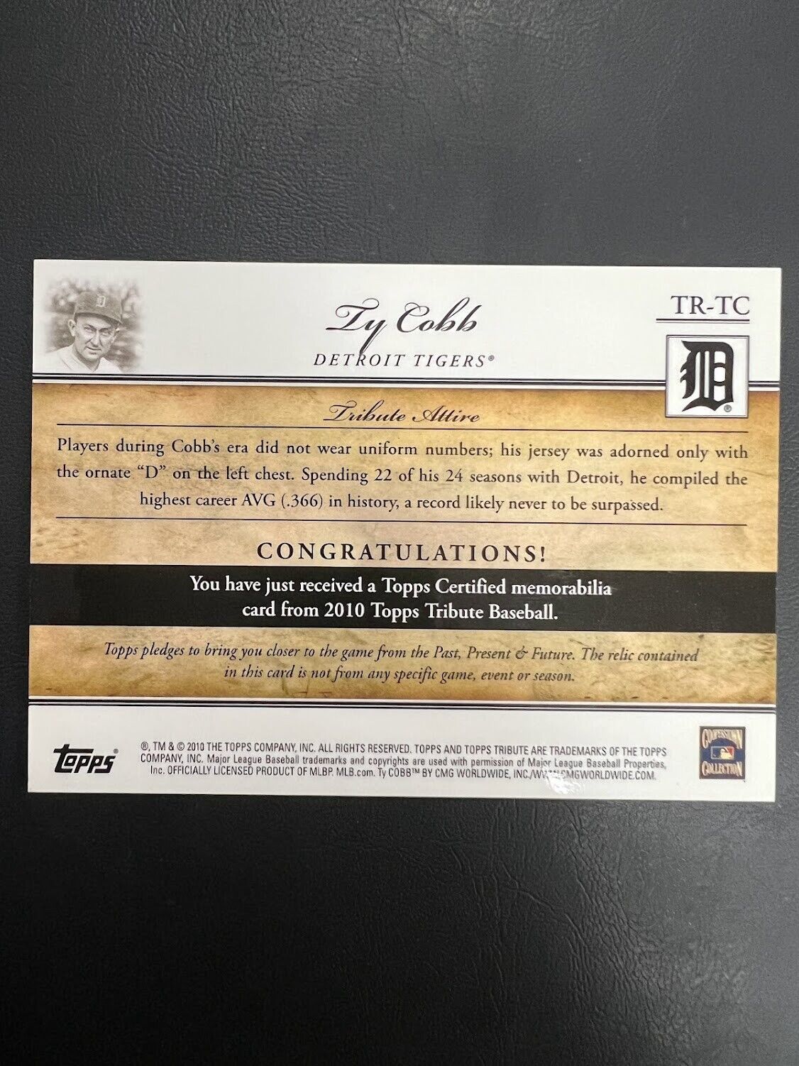 Ty Cobb 2010 Topps Tribute Game Used Bat Relic /99 Memorabilia TIGERS TR-TC J