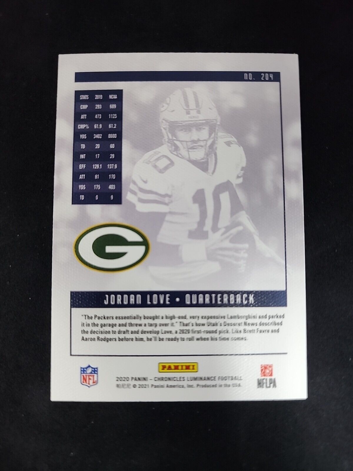 JORDAN LOVE ROOKIE CARD Green Bay Packers Football #204 PANINI LUMINANCE RC