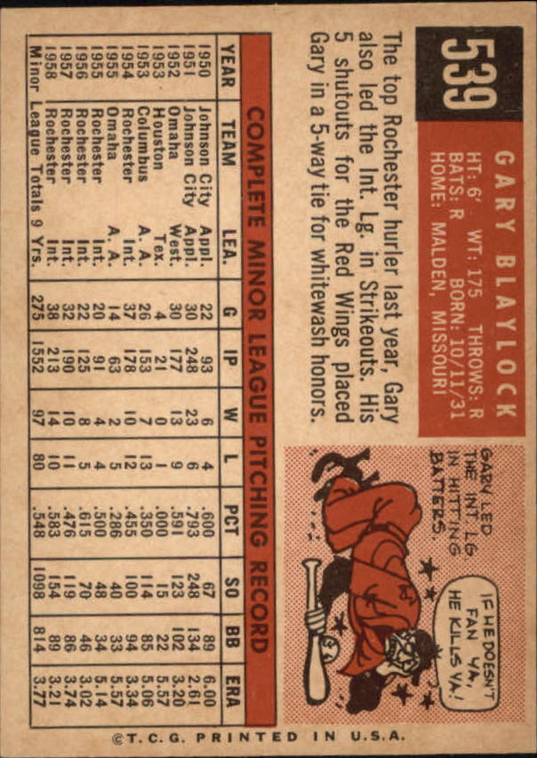 1959 Topps #539 Gary Blaylock RC - Vg+