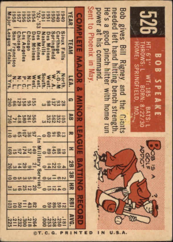 1959 Topps #526 Bob Speake - NM