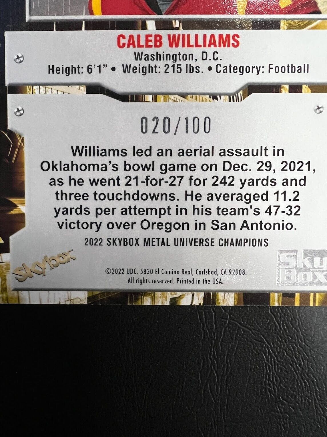 2022 UD Skybox Metal Champion Caleb Williams Precious Metal Gem Red PMG 20/100 J