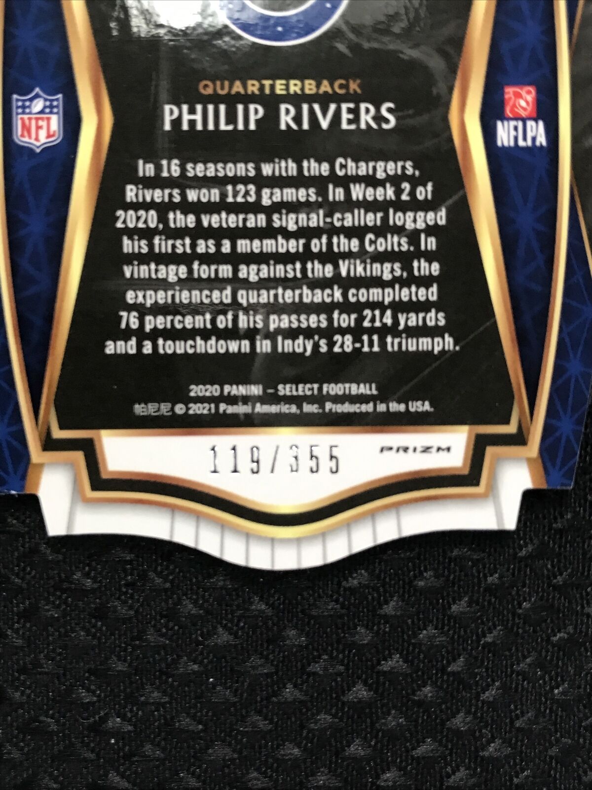 2020 Select Philip Rivers Die Cut COPPER Prizm Card #/355 Premiere Level Colts!