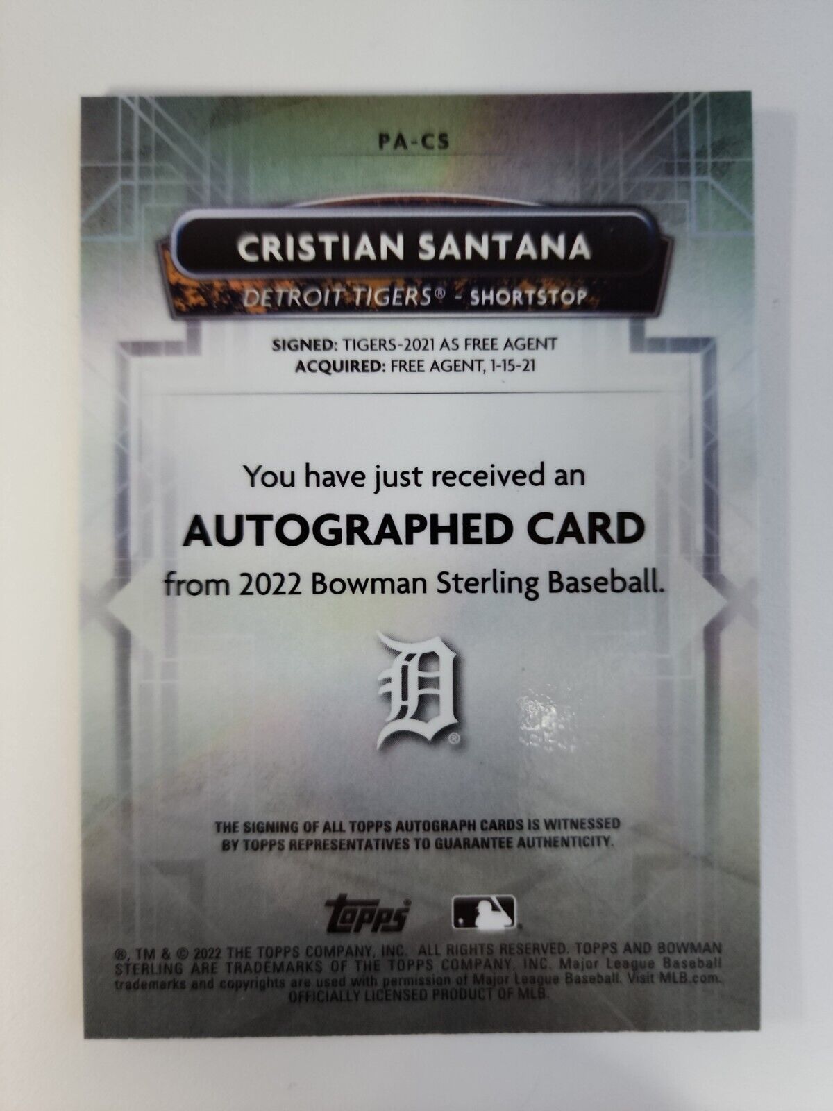 2022 Bowman Sterling Cristian Santana Prospect Auto Autograph #PA-CS Tigers